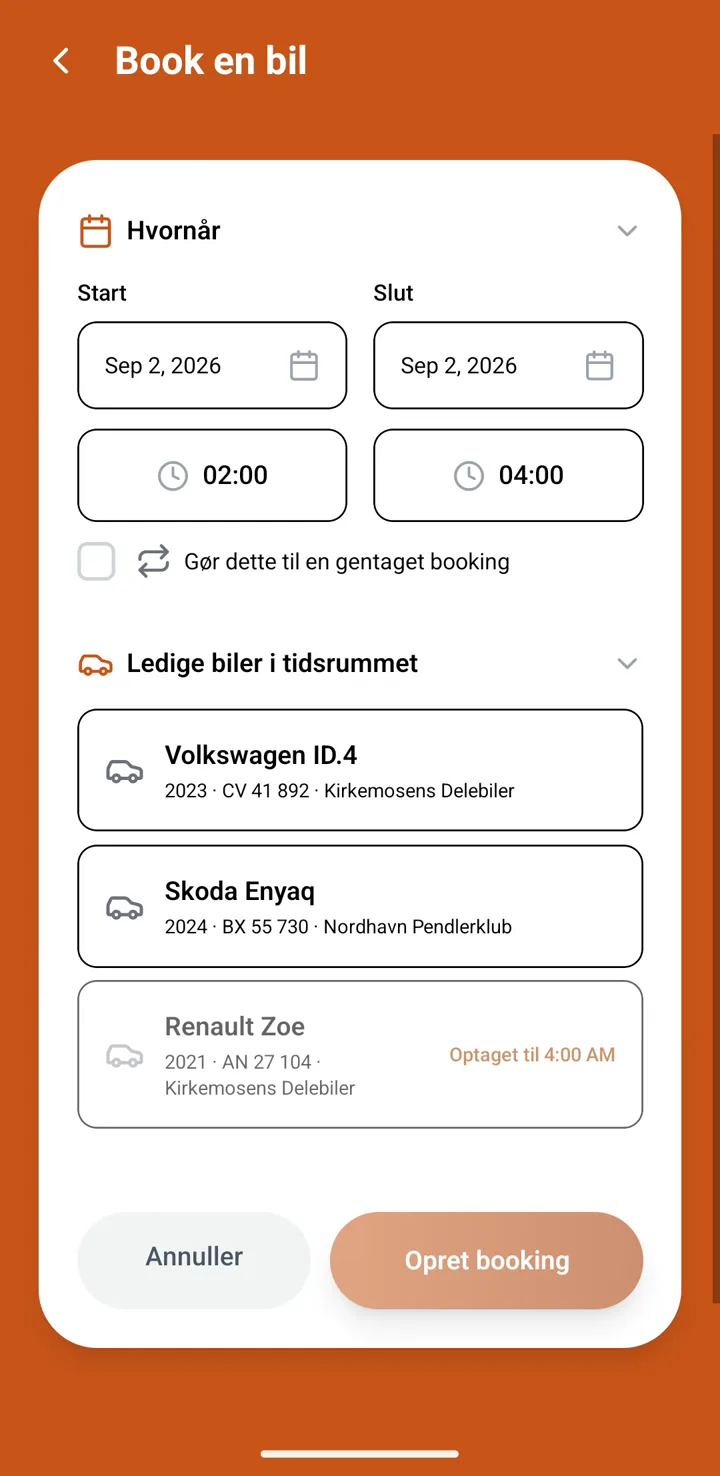 Skærmbillede fra CommuteConnects-appen: book en bil – vælg tid, se prisen og opret bookingen